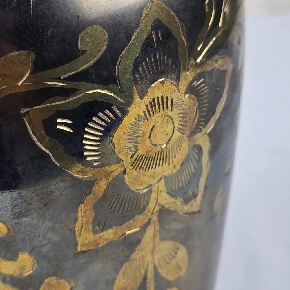 Brass Etched Floral Vase Gold Flowers Vines Leaves Vintage Decor Decoration